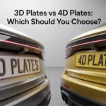 Side-by-side comparison of 3D Plates vs 4D Plates on silver and gold cars, showing white plate with raised 3D lettering on left vehicle and yellow plate with flat 4D lettering on right vehicle.