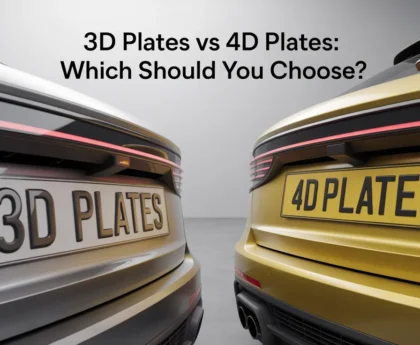 Side-by-side comparison of 3D Plates vs 4D Plates on silver and gold cars, showing white plate with raised 3D lettering on left vehicle and yellow plate with flat 4D lettering on right vehicle.