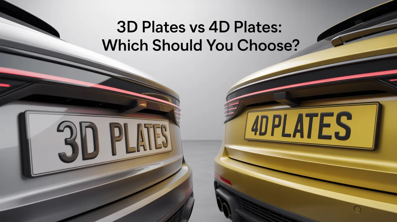 Side-by-side comparison of 3D Plates vs 4D Plates on silver and gold cars, showing white plate with raised 3D lettering on left vehicle and yellow plate with flat 4D lettering on right vehicle.