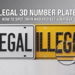 Side-by-side comparison of legal and illegal 3D number plates with magnifying glass highlighting flaws, featuring text overlay about identifying illegal 3D number plates to avoid penalties.
