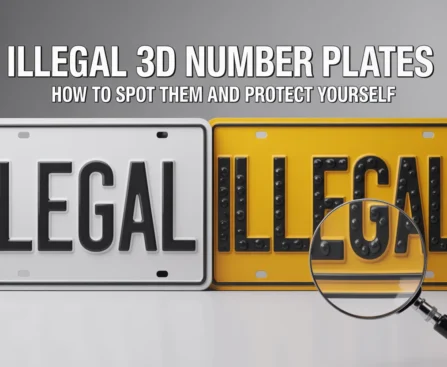 Side-by-side comparison of legal and illegal 3D number plates with magnifying glass highlighting flaws, featuring text overlay about identifying illegal 3D number plates to avoid penalties.