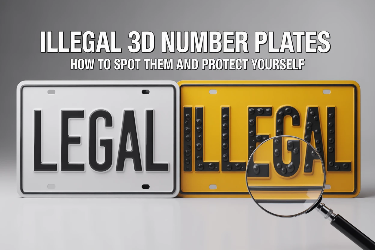 Side-by-side comparison of legal and illegal 3D number plates with magnifying glass highlighting flaws, featuring text overlay about identifying illegal 3D number plates to avoid penalties.