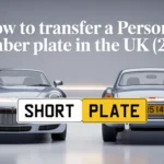 Two silver cars demonstrating how to Transfer Number Plate in the UK, with a modern convertible on the left featuring a white plate with "SHORT" and a classic car on the right with a yellow plate showing "PLATE", set against a light gray background with glowing light effects.
