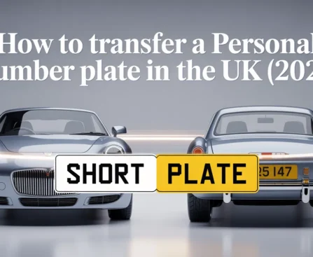 Two silver cars demonstrating how to Transfer Number Plate in the UK, with a modern convertible on the left featuring a white plate with "SHORT" and a classic car on the right with a yellow plate showing "PLATE", set against a light gray background with glowing light effects.