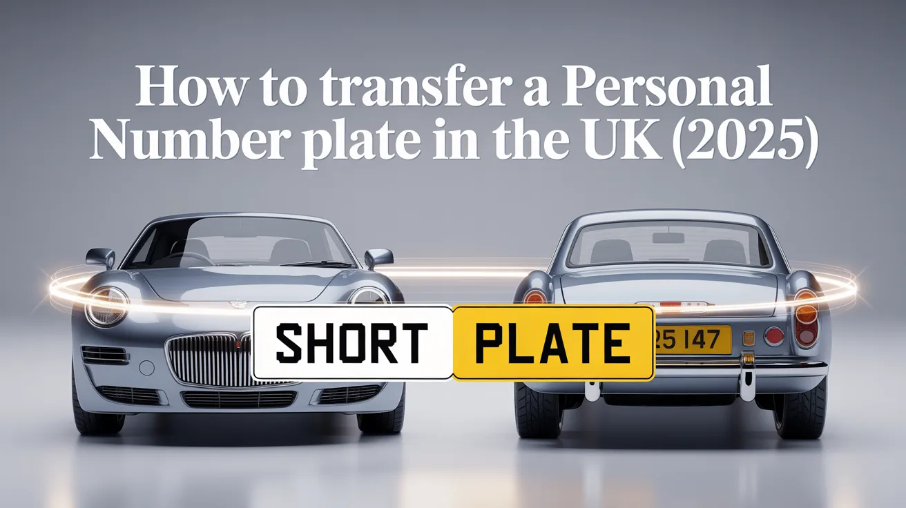 Two silver cars demonstrating how to Transfer Number Plate in the UK, with a modern convertible on the left featuring a white plate with "SHORT" and a classic car on the right with a yellow plate showing "PLATE", set against a light gray background with glowing light effects.