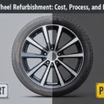 Split-screen comparison showing alloy wheel refurbishment transformation from dull, worn wheel on light gray background with 'SHORT' text to shiny, restored wheel on dark gray background with 'PLATE' text in yellow rectangle.