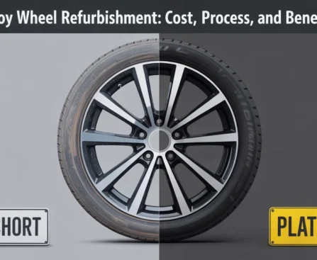 Split-screen comparison showing alloy wheel refurbishment transformation from dull, worn wheel on light gray background with 'SHORT' text to shiny, restored wheel on dark gray background with 'PLATE' text in yellow rectangle.