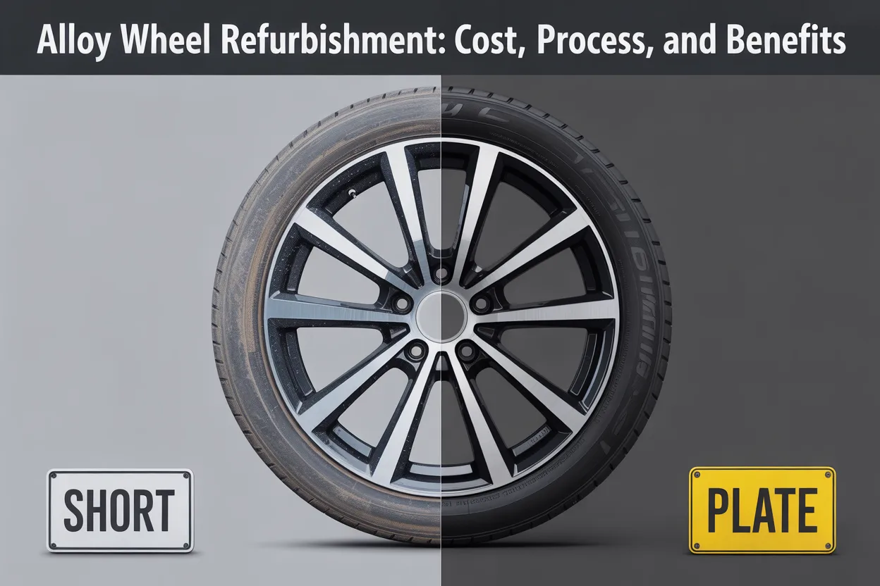 Split-screen comparison showing alloy wheel refurbishment transformation from dull, worn wheel on light gray background with 'SHORT' text to shiny, restored wheel on dark gray background with 'PLATE' text in yellow rectangle.