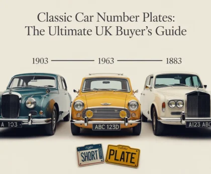 Infographic showing evolution of classic number plates with three rows of cars from 1903, 1963, and 1883, each displaying standard and short license plates in muted colors on light gray background.
