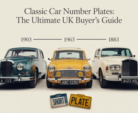 Infographic showing evolution of classic number plates with three rows of cars from 1903, 1963, and 1883, each displaying standard and short license plates in muted colors on light gray background.