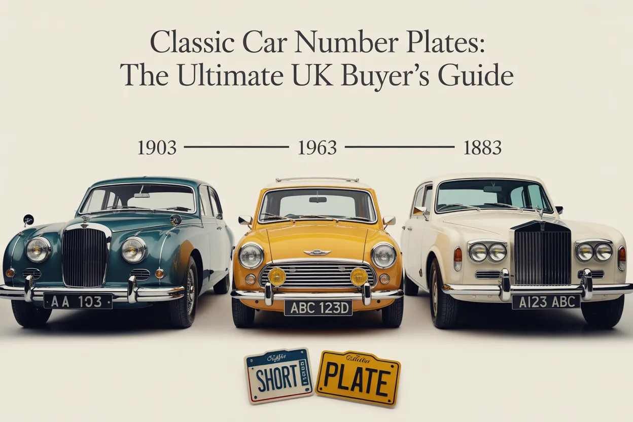 Infographic showing evolution of classic number plates with three rows of cars from 1903, 1963, and 1883, each displaying standard and short license plates in muted colors on light gray background.