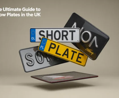 Multiple floating Show Plates with diverse designs including yellow 'PLATE', white 'SHORT', textured black, blue '01', and 'Official Celebrity' variants above a car bumper sticker on neutral beige background.