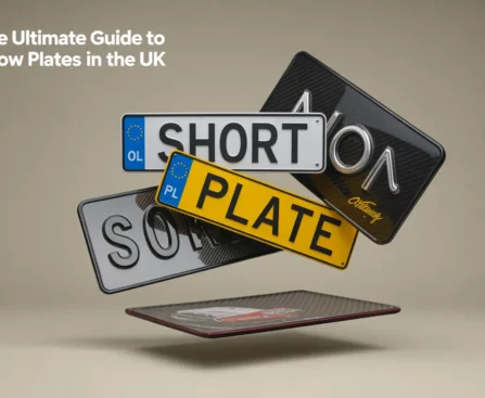 Multiple floating Show Plates with diverse designs including yellow 'PLATE', white 'SHORT', textured black, blue '01', and 'Official Celebrity' variants above a car bumper sticker on neutral beige background.
