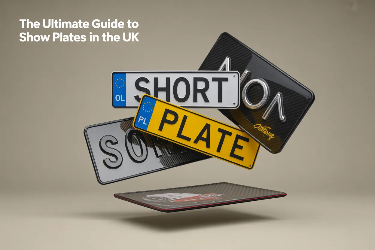 Multiple floating Show Plates with diverse designs including yellow 'PLATE', white 'SHORT', textured black, blue '01', and 'Official Celebrity' variants above a car bumper sticker on neutral beige background.