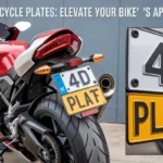 Red motorcycle displaying premium 4d motorcycle number plates with raised '4D' lettering and 'PLAT' on yellow background, alongside detailed plate close-up showing white and yellow sections.