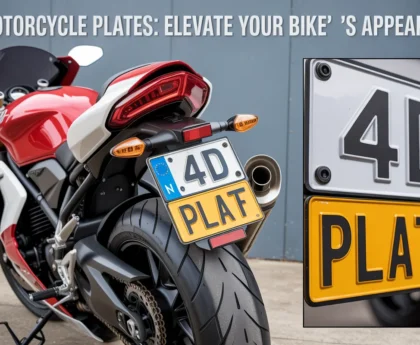 Red motorcycle displaying premium 4d motorcycle number plates with raised '4D' lettering and 'PLAT' on yellow background, alongside detailed plate close-up showing white and yellow sections.