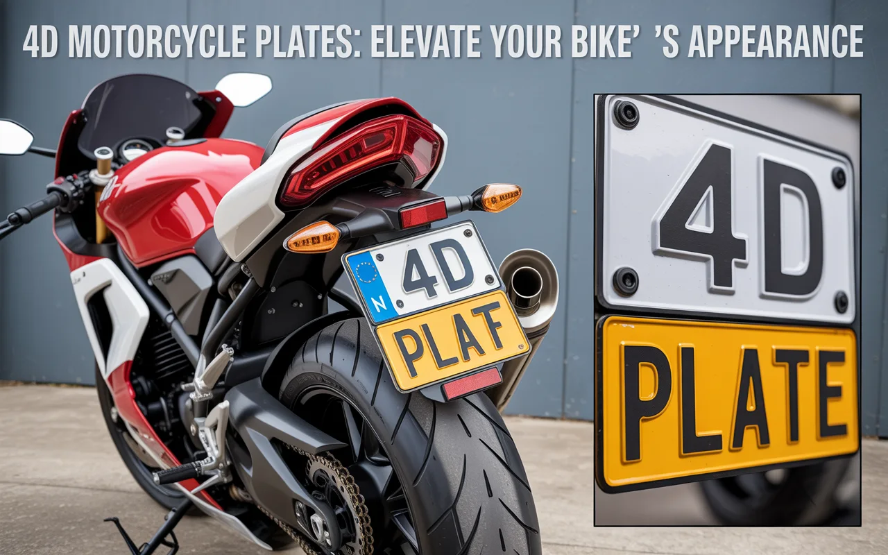 Red motorcycle displaying premium 4d motorcycle number plates with raised '4D' lettering and 'PLAT' on yellow background, alongside detailed plate close-up showing white and yellow sections.