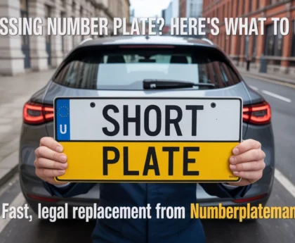 Person holding replacement 'SHORT PLATE' for missing number plate, with text overlay 'MISSING NUMBER PLATE? HERE'S WHAT TO DO' and car without plate in urban setting.