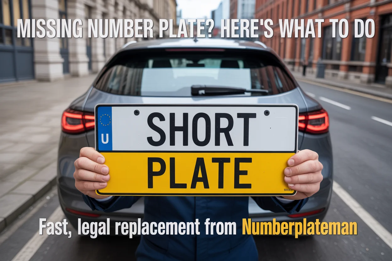 Person holding replacement 'SHORT PLATE' for missing number plate, with text overlay 'MISSING NUMBER PLATE? HERE'S WHAT TO DO' and car without plate in urban setting.