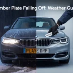 Gray BMW with broken yellow number plate falling off, held by gloved hand with lug wrench and jack nearby, illustrating weather-related plate damage in field setting.