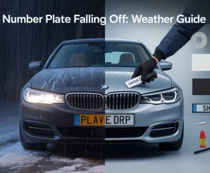 Gray BMW with broken yellow number plate falling off, held by gloved hand with lug wrench and jack nearby, illustrating weather-related plate damage in field setting.