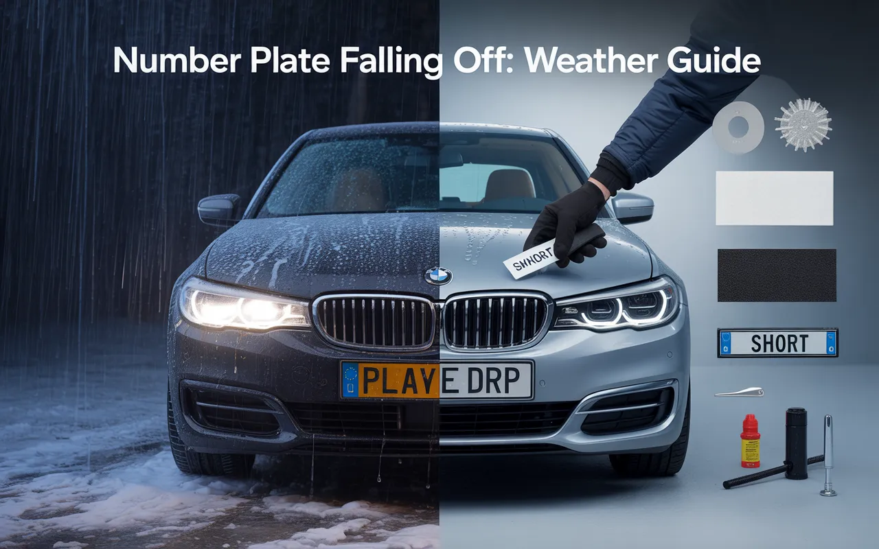 Gray BMW with broken yellow number plate falling off, held by gloved hand with lug wrench and jack nearby, illustrating weather-related plate damage in field setting.