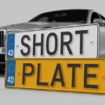 Silver luxury vehicle displaying premium 4d gel number plates in studio setting, featuring yellow and white plates with raised 3D text and blue 4D emblems.
