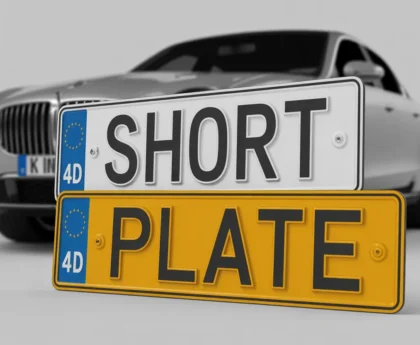 Silver luxury vehicle displaying premium 4d gel number plates in studio setting, featuring yellow and white plates with raised 3D text and blue 4D emblems.