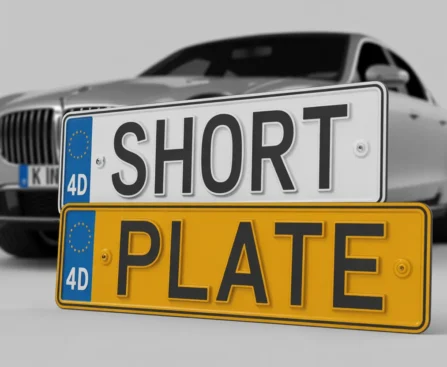 Silver luxury vehicle displaying premium 4d gel number plates in studio setting, featuring yellow and white plates with raised 3D text and blue 4D emblems.