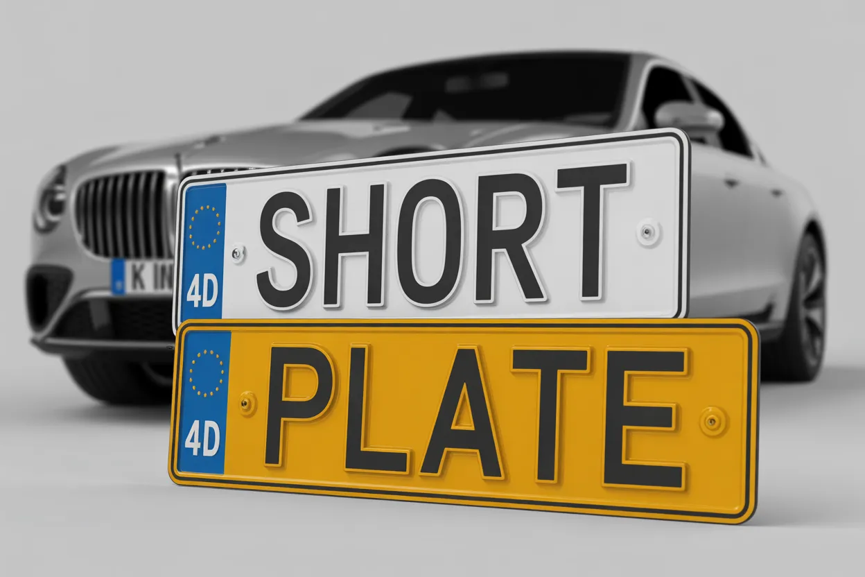 Silver luxury vehicle displaying premium 4d gel number plates in studio setting, featuring yellow and white plates with raised 3D text and blue 4D emblems.