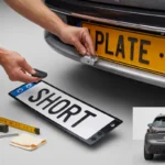 Person demonstrating how to Reattach a Car Number Plate, showing hands fixing a "SHORT" plate to bumper with tools including tape measure, ruler, and sticky note on table, while car displays yellow license plate reading "2017" against light gray background.