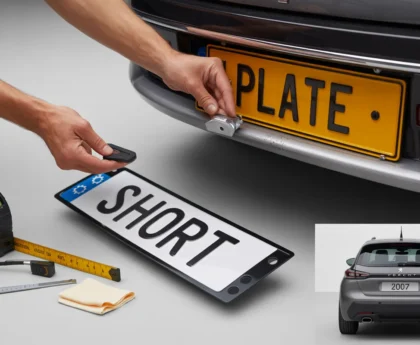 Person demonstrating how to Reattach a Car Number Plate, showing hands fixing a "SHORT" plate to bumper with tools including tape measure, ruler, and sticky note on table, while car displays yellow license plate reading "2017" against light gray background.