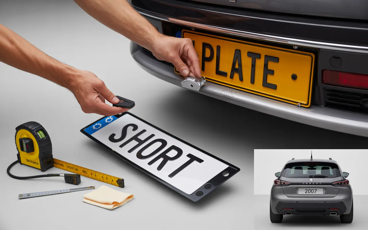 Person demonstrating how to Reattach a Car Number Plate, showing hands fixing a "SHORT" plate to bumper with tools including tape measure, ruler, and sticky note on table, while car displays yellow license plate reading "2017" against light gray background.