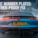 "Car with durable Short Number Plates driving on wet UK road during rainy weather, demonstrating weather-proof stability in adverse conditions.