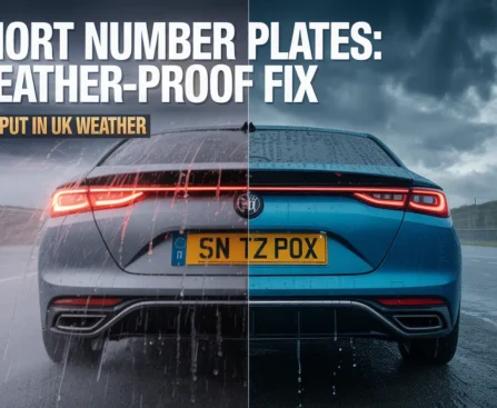 "Car with durable Short Number Plates driving on wet UK road during rainy weather, demonstrating weather-proof stability in adverse conditions.