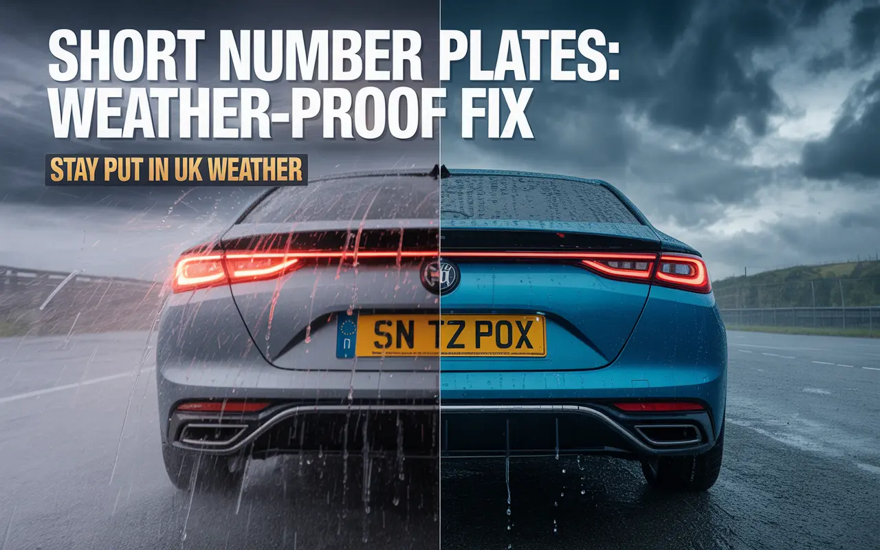 "Car with durable Short Number Plates driving on wet UK road during rainy weather, demonstrating weather-proof stability in adverse conditions.