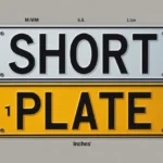 Graphic showing uk car number plate size examples with white top plate labeled "short" and yellow bottom plate labeled "plate" displayed with measurements within a white rectangle.