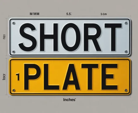 Graphic showing uk car number plate size examples with white top plate labeled "short" and yellow bottom plate labeled "plate" displayed with measurements within a white rectangle.