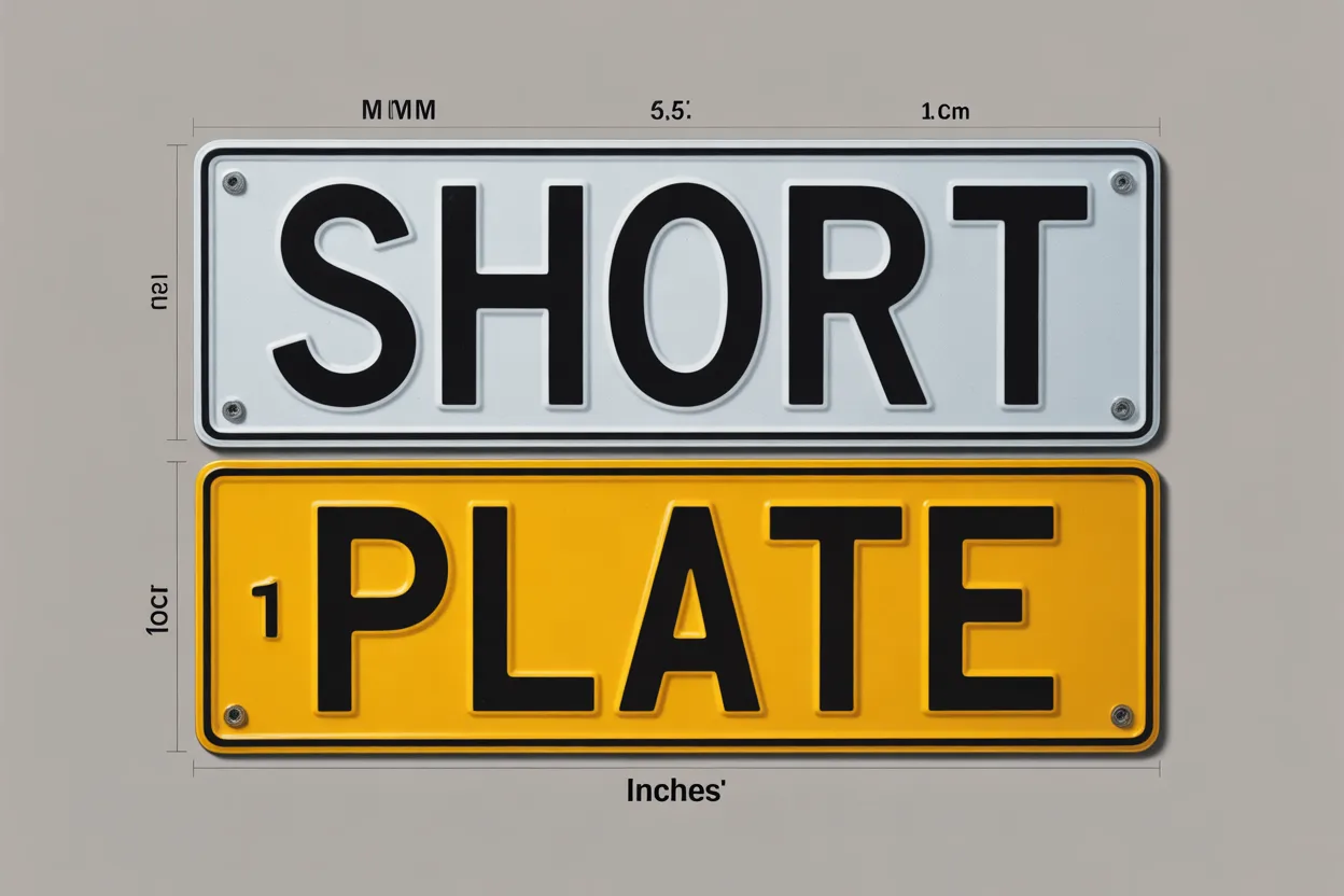 Graphic showing uk car number plate size examples with white top plate labeled "short" and yellow bottom plate labeled "plate" displayed with measurements within a white rectangle.