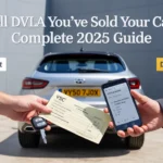 Hand transferring car keys and documentation to tell DVLA sold car, with white car displaying yellow license plate VY50 7JDX and person holding tablet with DVLA logo against gray building background.