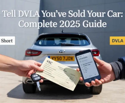 Hand transferring car keys and documentation to tell DVLA sold car, with white car displaying yellow license plate VY50 7JDX and person holding tablet with DVLA logo against gray building background.