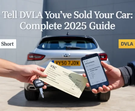 Hand transferring car keys and documentation to tell DVLA sold car, with white car displaying yellow license plate VY50 7JDX and person holding tablet with DVLA logo against gray building background.