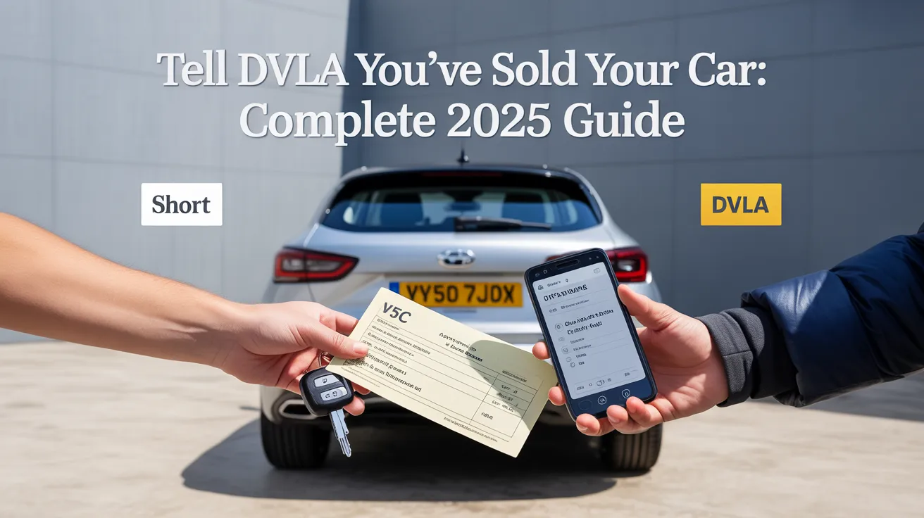 Hand transferring car keys and documentation to tell DVLA sold car, with white car displaying yellow license plate VY50 7JDX and person holding tablet with DVLA logo against gray building background.